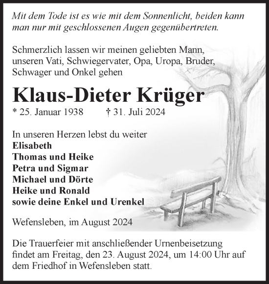 Traueranzeige von Klaus-Dieter Krüger von Volksstimme Oschersleben/Wanzleben