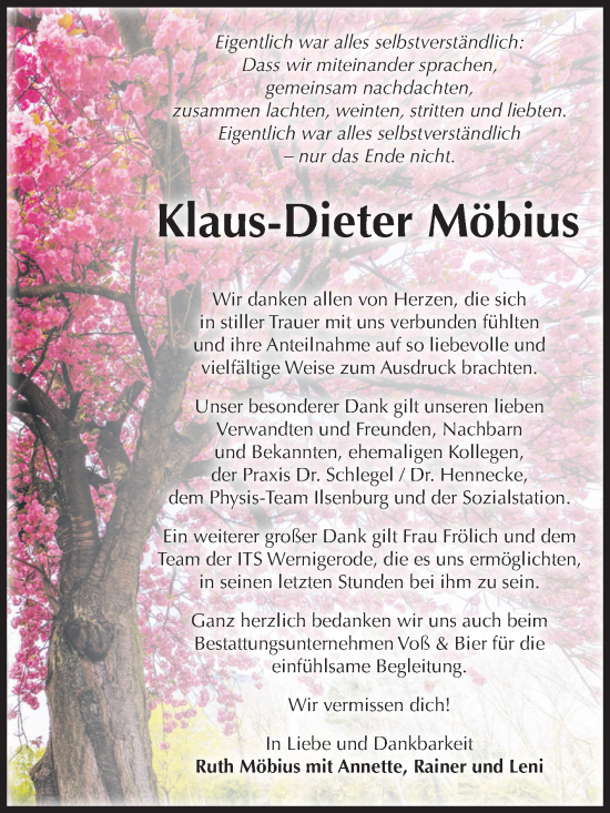 Traueranzeige von Klaus-Dieter Möbius von Volksstimme Wernigerode