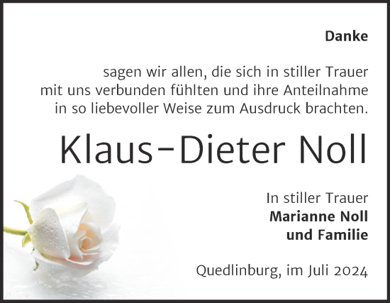 Traueranzeige von Klaus-Dieter Noll von Trauerkombi Quedlinburg