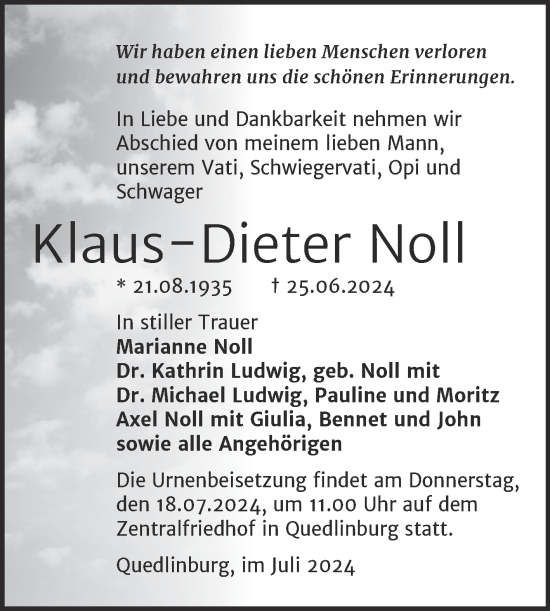 Traueranzeige von Klaus-Dieter Noll von Trauerkombi Quedlinburg