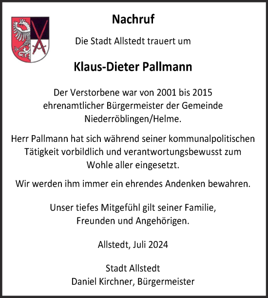 Traueranzeige von Klaus-Dieter Pallmann von Mitteldeutsche Zeitung Sangerhausen