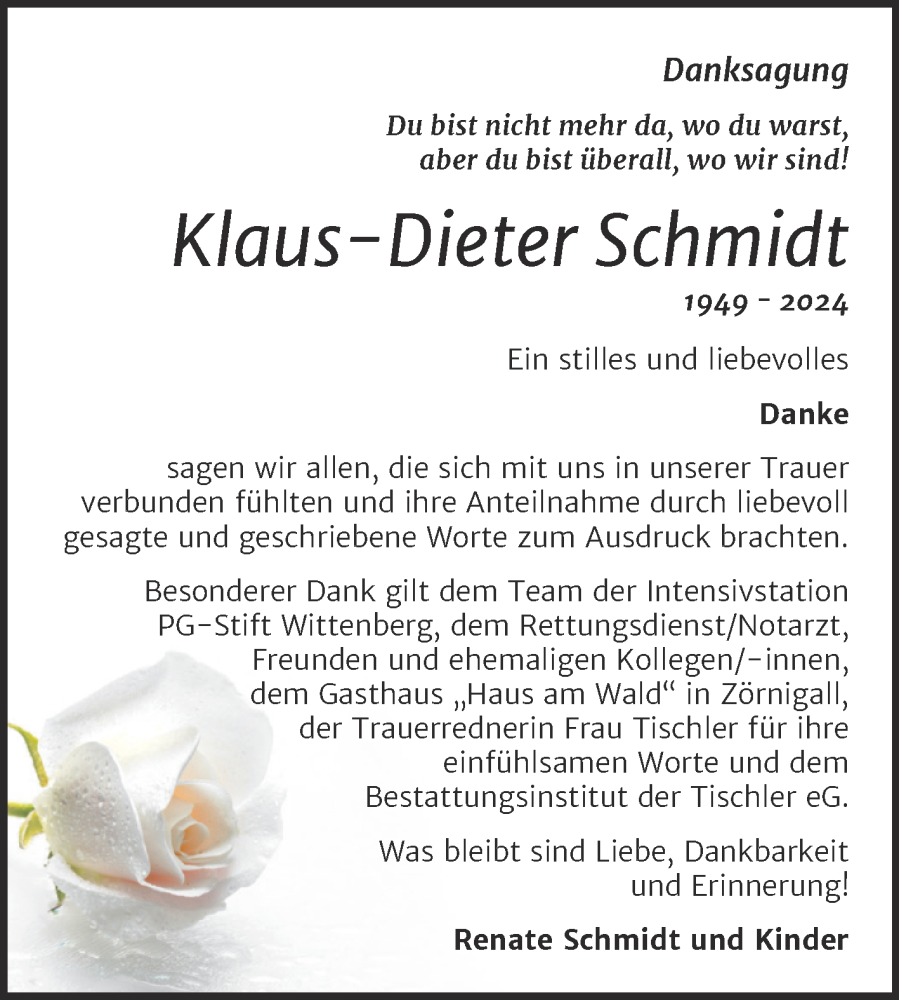  Traueranzeige für Klaus-Dieter Schmidt vom 25.05.2024 aus Trauerkombi Wittenberg