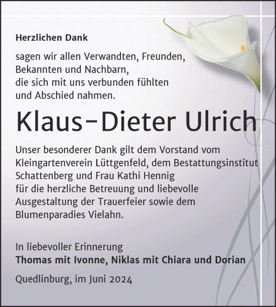 Traueranzeige von Klaus-Dieter Ulrich von Trauerkombi Quedlinburg