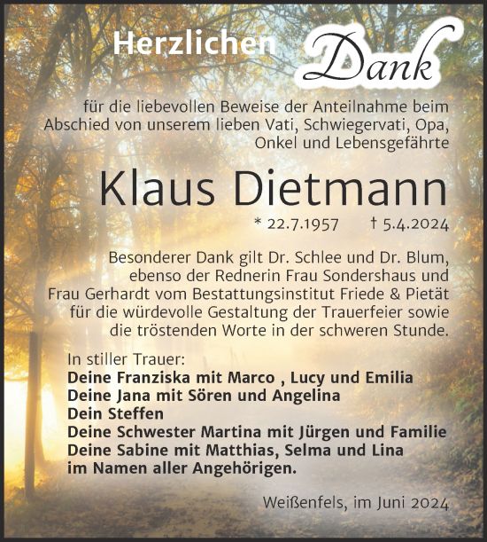 Traueranzeige von Klaus Dietmann von Trauerkombi Weißenfels
