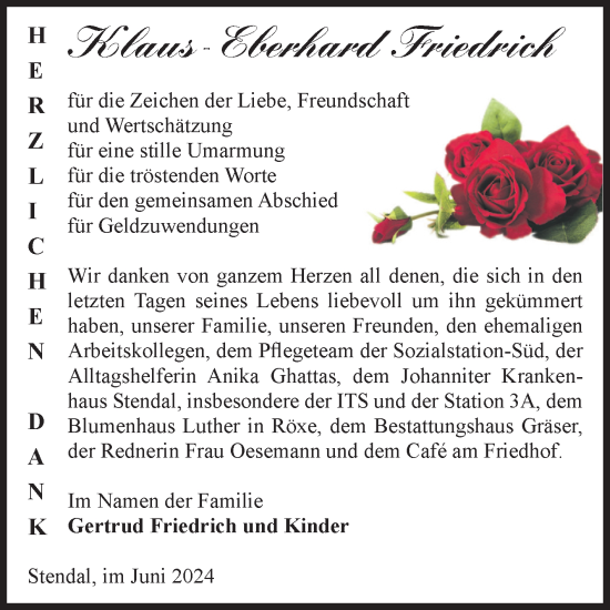 Traueranzeige von Klaus-Eberhard Friedrich von Volksstimme Altmark Ost