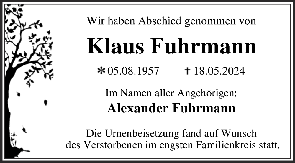  Traueranzeige für Klaus Fuhrmann vom 29.06.2024 aus Trauerkombi Wittenberg