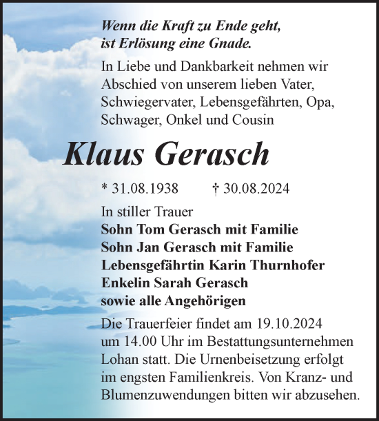 Traueranzeige von Klaus Gerasch von Trauerkombi Bitterfeld