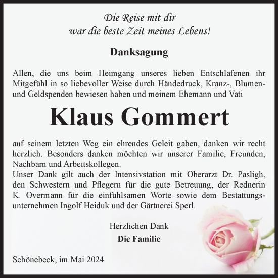 Traueranzeige von Klaus Gommert von Volksstimme Schönebeck