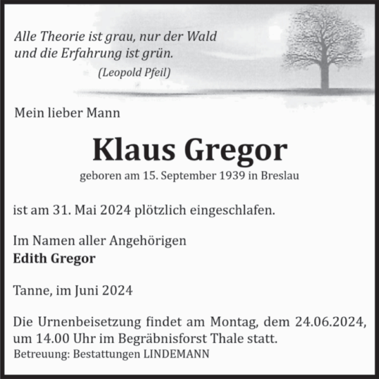 Traueranzeige von Klaus Gregor von Volksstimme Wernigerode