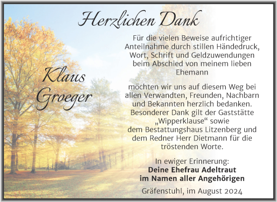 Traueranzeige von Klaus Groeger von Trauerkombi Mansfelder Land