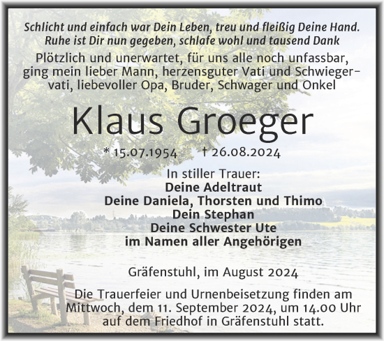 Traueranzeige von Klaus Groeger von Trauerkombi Mansfelder Land
