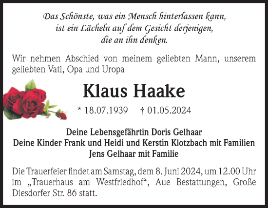 Traueranzeige von Klaus Haake von Volksstimme Magdeburg