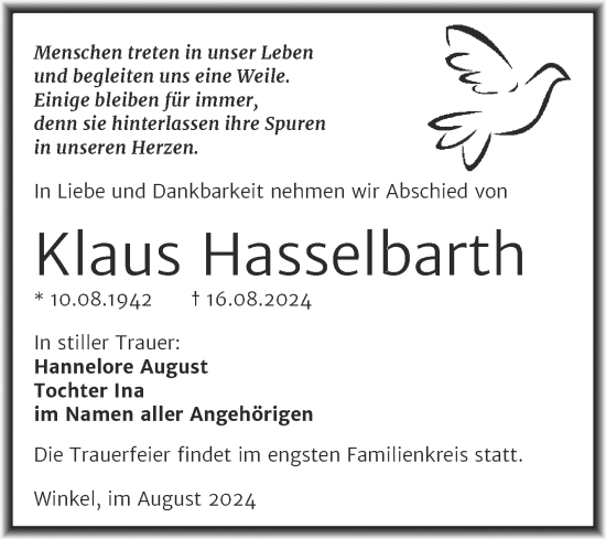 Traueranzeige von Klaus Hasselbarth von Mitteldeutsche Zeitung Sangerhausen