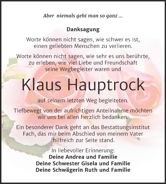 Traueranzeige von Klaus Hauptrock von Trauerkombi Merseburg