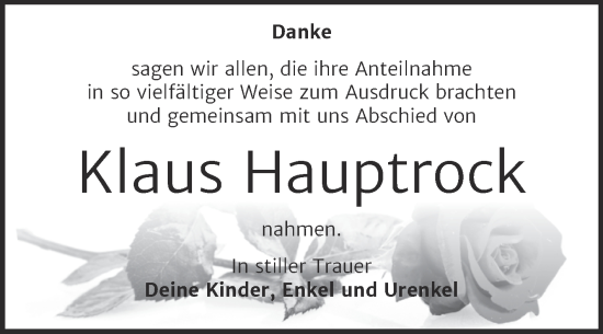 Traueranzeige von Klaus Hauptrock von Trauerkombi Merseburg