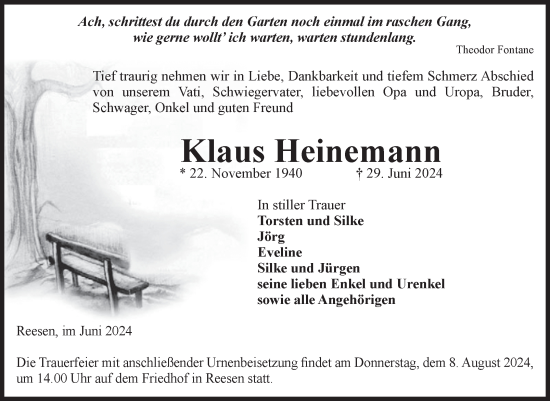 Traueranzeige von Klaus Heinemann von Volksstimme Burg/Genthin