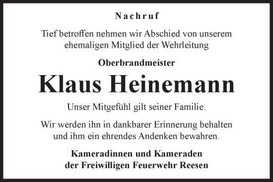 Traueranzeige von Klaus Heinemann von Volksstimme Burg/Genthin