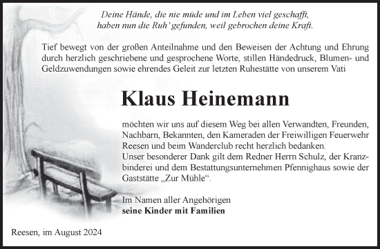 Traueranzeige von Klaus Heinemann von Volksstimme Burg/Genthin
