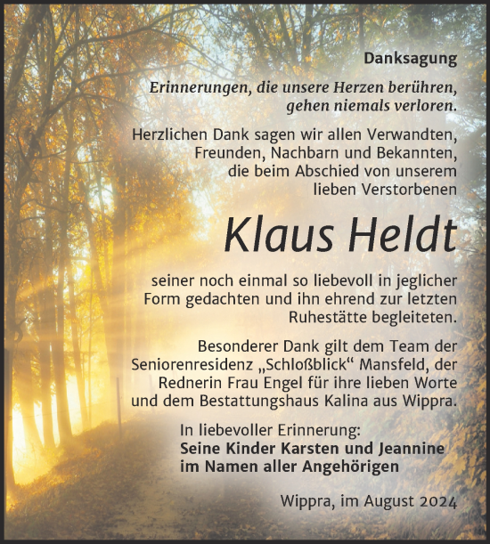 Traueranzeige von Klaus Heldt von Trauerkombi Sangerhausen