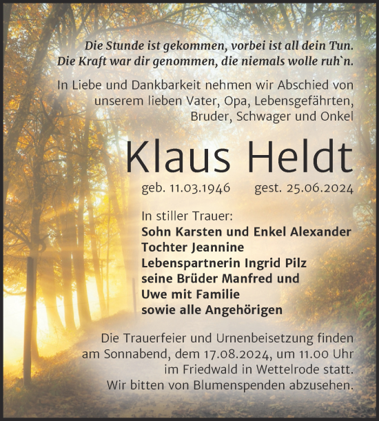 Traueranzeige von Klaus Heldt von Trauerkombi Sangerhausen