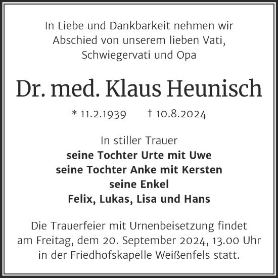 Traueranzeige von Klaus Heunisch von Trauerkombi Weißenfels