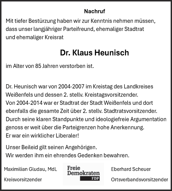 Traueranzeige von Klaus Heunisch von Super Sonntag Weißenfels