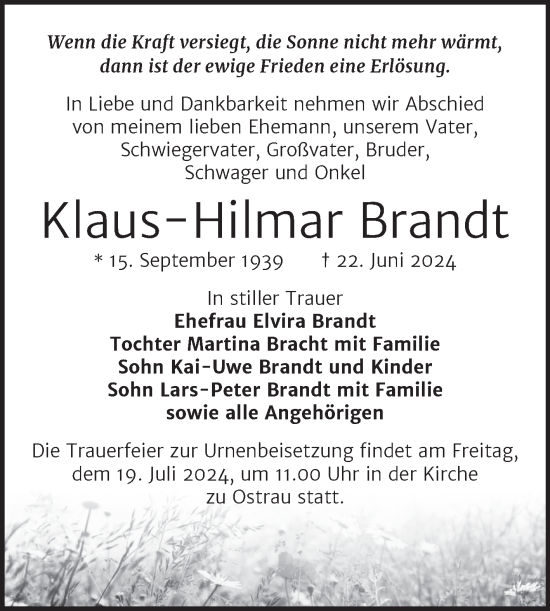Traueranzeige von Klaus-Hilmar Brandt von Trauerkombi Zeitz