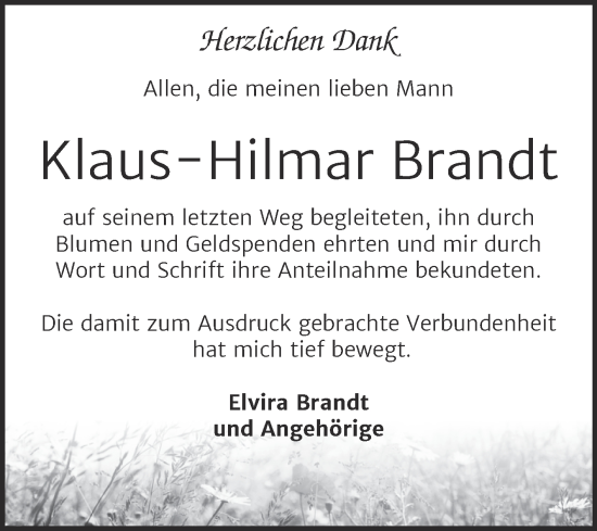 Traueranzeige von Klaus-Hilmar Brandt von Trauerkombi Zeitz