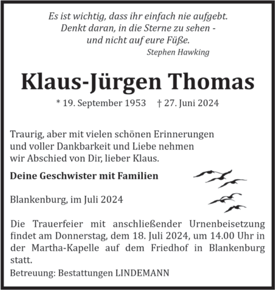 Traueranzeige von Klaus-Jürgen Thomas von Volksstimme Wernigerode