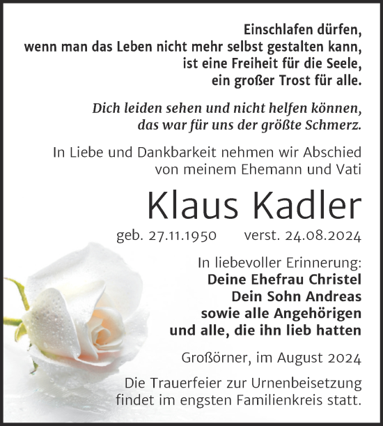 Traueranzeige von Klaus Kadler von Trauerkombi Mansfelder Land