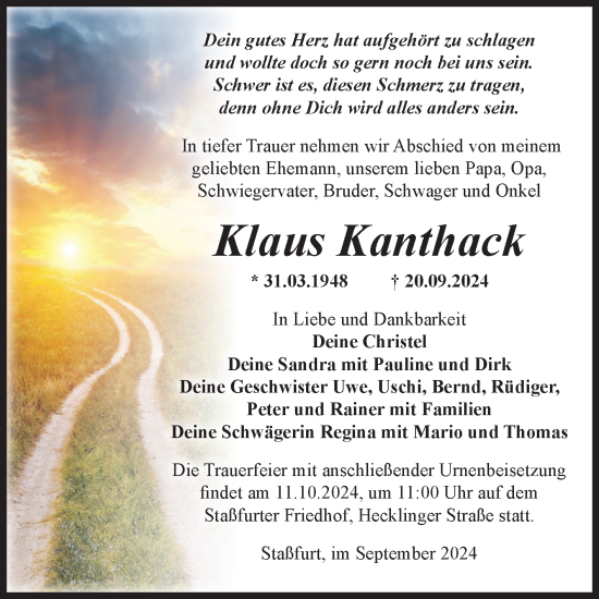 Traueranzeige von Klaus Kanthack von Volksstimme Staßfurt