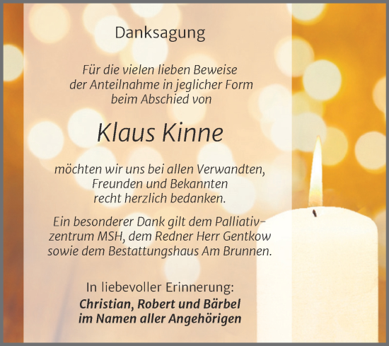 Traueranzeige von Klaus Kinne von Trauerkombi Mansfelder Land