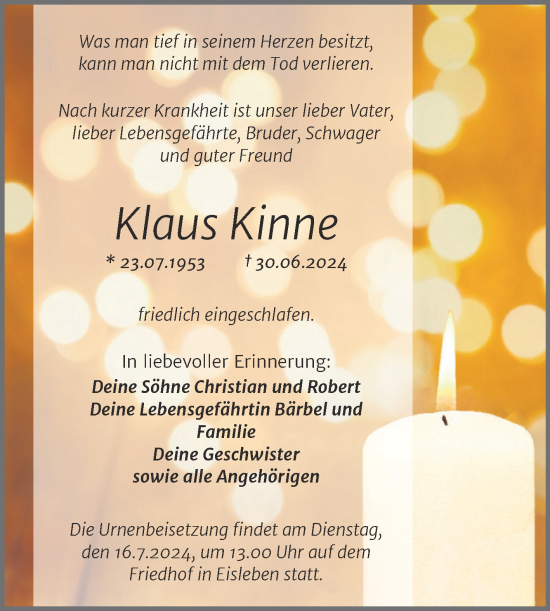 Traueranzeige von Klaus Kinne von Trauerkombi Mansfelder Land
