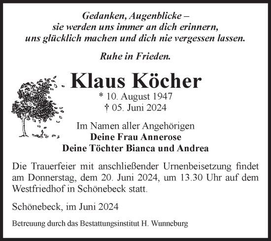 Traueranzeige von Klaus Köcher von Volksstimme Schönebeck