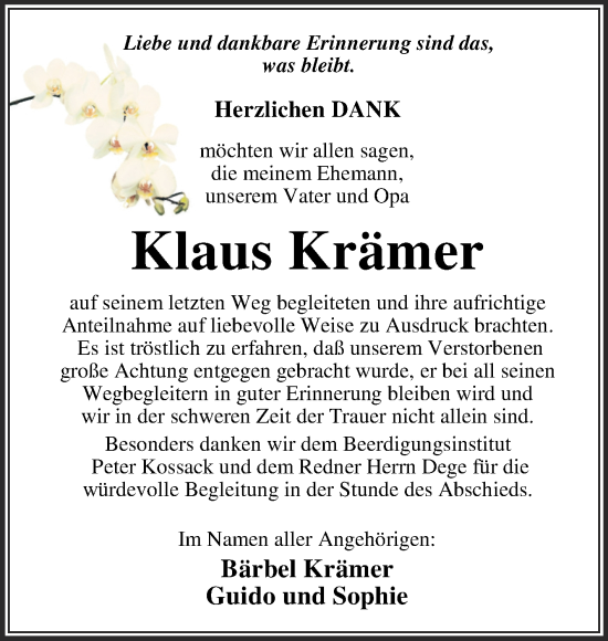 Traueranzeige von Klaus Krämer von Trauerkombi Wittenberg