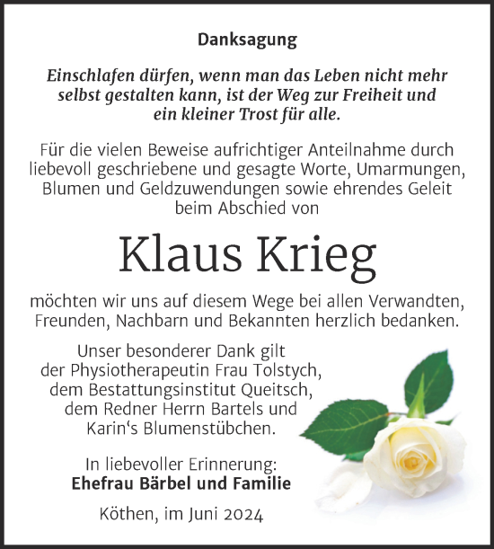 Traueranzeige von Klaus Krieg von Trauerkombi Köthen
