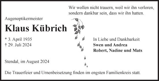 Traueranzeige von Klaus Kübrich von Volksstimme Altmark Ost