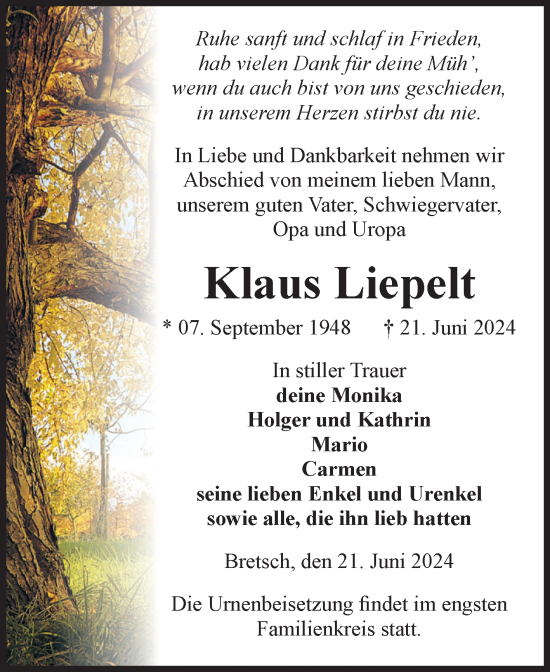 Traueranzeige von Klaus Liepelt von Volksstimme Altmark Ost