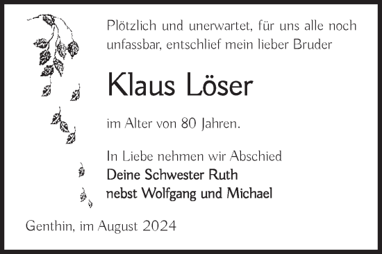 Traueranzeige von Klaus Löser von Volksstimme Burg/Genthin