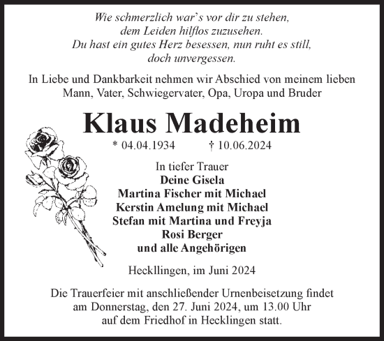Traueranzeige von Klaus Madeheim von Volksstimme Staßfurt