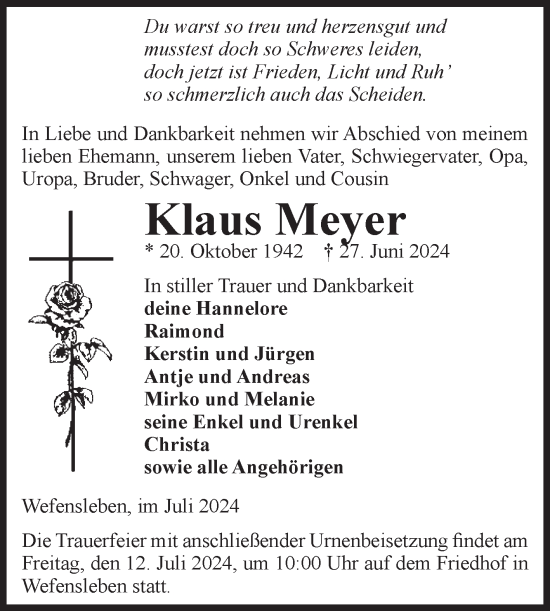 Traueranzeige von Klaus Meyer von Volksstimme Oschersleben/Wanzleben
