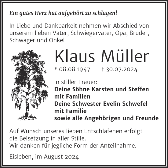 Traueranzeige von Klaus Müller von Trauerkombi Mansfelder Land