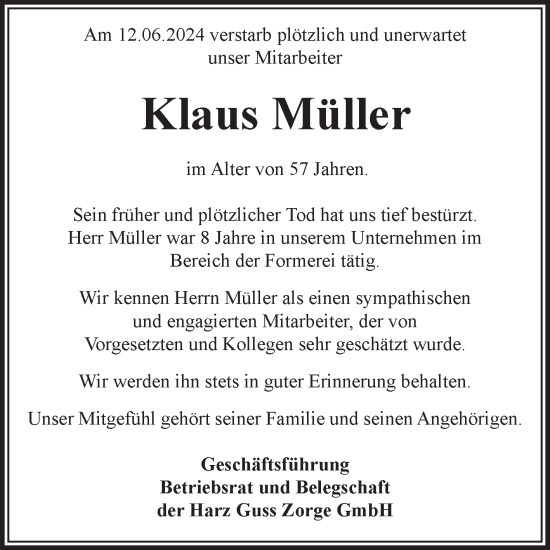 Traueranzeige von Klaus Müller von Volksstimme Wernigerode
