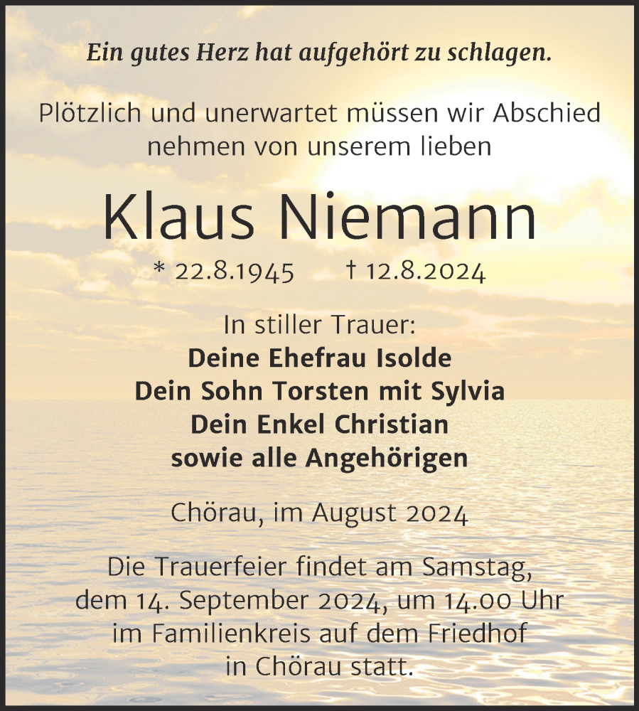  Traueranzeige für Klaus Niemann vom 17.08.2024 aus Trauerkombi Köthen