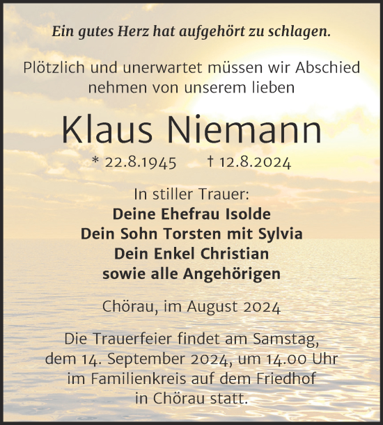 Traueranzeige von Klaus Niemann von Trauerkombi Köthen