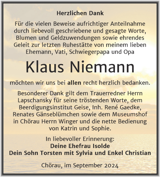 Traueranzeige von Klaus Niemann von Trauerkombi Köthen
