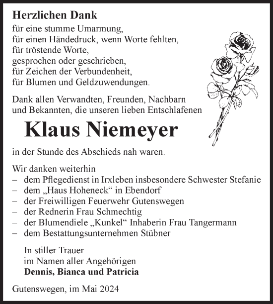 Traueranzeige von Klaus Niemeyer von Volksstimme Haldensleben/Wolmirstedt