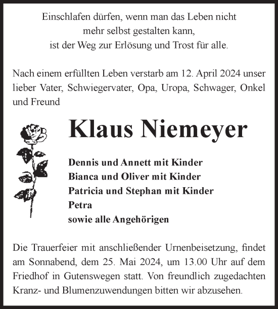 Traueranzeige von Klaus Niemeyer von Volksstimme Haldensleben/Wolmirstedt