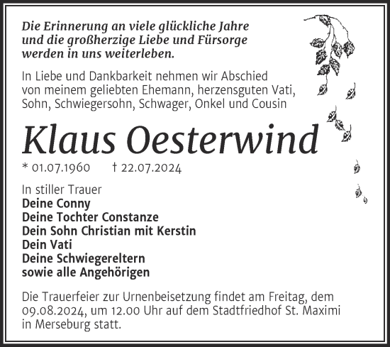 Traueranzeige von Klaus Oesterwincl von Trauerkombi Merseburg