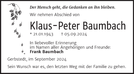 Traueranzeige von Klaus-Peter Baumbach von Trauerkombi Mansfelder Land